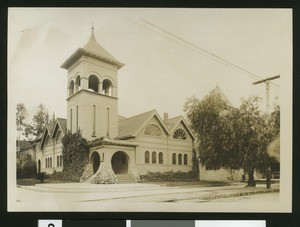 Exterior view of the Redlands Baptist Church, ca. 1900