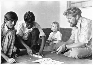 Saidpur, Bangladesh 1974. Activation of refugees is planned. From right to left: Niels Anton Da
