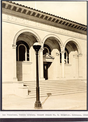 San Francisco. Public Library. Sunset Branch No. 8. Exterior. Entrance. 1918.