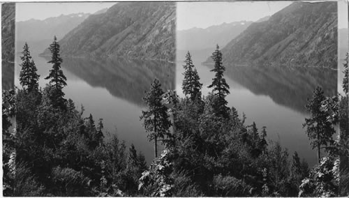 Probably Glacier National Park [View of lake from top of hill with trees in foreground.]