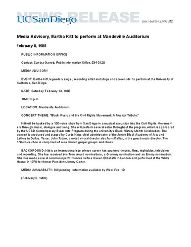 Media Advisory, Eartha Kitt to perform at Mandeville Auditorium
