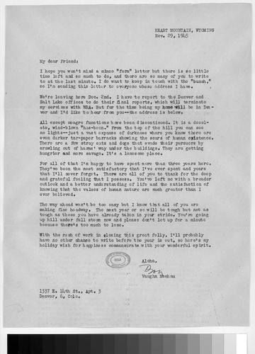 Letter, 1945 November 29, Denver, Colo. to Mrs. Estelle Ishigo, Heart Mountain, Wyo