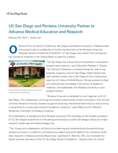 UC San Diego and Perdana University Partner to Advance Medical Education and Research