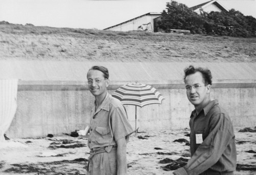 Francis P. Shepard (left) and Russell W. Raitt. University of California Division of War Research beach picnic at Scripps, 1942