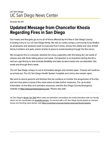 Updated Message from Chancellor Khosla Regarding Fires in San Diego