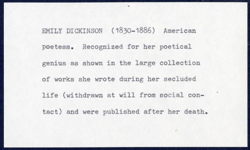 Notecard describing Emily Dickinson