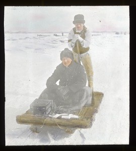 Fr. Patrick Byrne, MM, riding on a sled, Korea, ca. 1925
