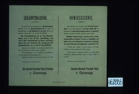 Bekanntmachung. Das Passburo des Polizei-Prasidiums wird ... verlegt. ... Obwieszczenie ... Biuro paszportowe ... zostaje przeniesione ... Warszawa, dnia 28. listopada 1915. ... Prezydent Policji, v. Glasenapp