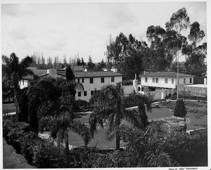 Exterior of residential home in 1948, landscaping, private garden