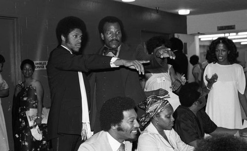 Jim Brown talking with Lawrence Hilton-Jacobs during the NAACP Image Awards, Los Angeles, 1978