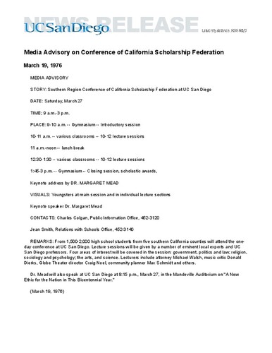 Media Advisory on Conference of California Scholarship Federation