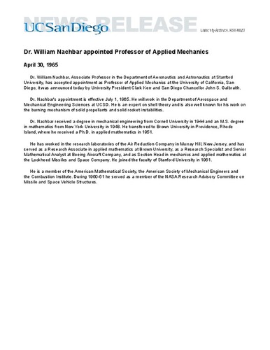 Dr. William Nachbar appointed Professor of Applied Mechanics