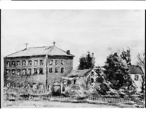 Drawing (1856) of the first school in Los Angeles, Alameda & Macy Streets
