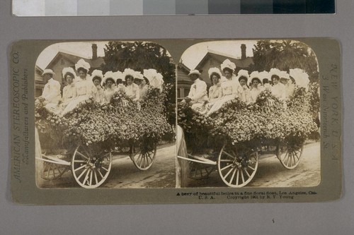 A bevy of beautiful belles in a fine floral float, Los Angeles, Cal, U. S. A