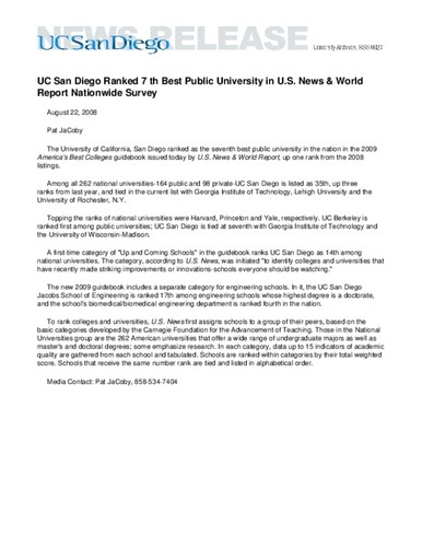 UC San Diego Ranked 7th Best Public University in U.S. News & World Report Nationwide Survey