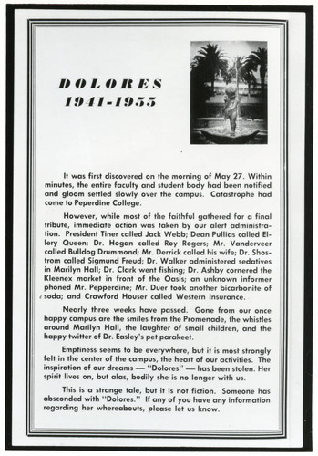 Humorous advertisement about the abduction of fountain statue Dolores, 1955