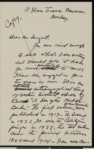 Hamlin Garland, letter, to John Singer Sargent