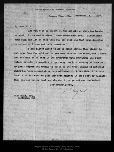 Letter from C[harles] S[prague] Sargent to John Muir, 1906 Dec 13
