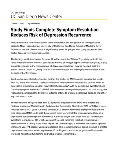 Study Finds Complete Symptom Resolution Reduces Risk of Depression Recurrence