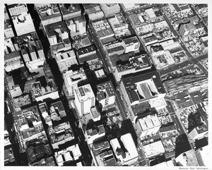 Aerial view of downtown Los Angeles looking north from Seventh Street, bus terminal, Sixth Street, Wall Street, Main Street, Spring Street, Maple Street, Fifth Street