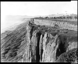 View of the railroad in Santa Monica, looking north from Palisades Park, 1890-1900