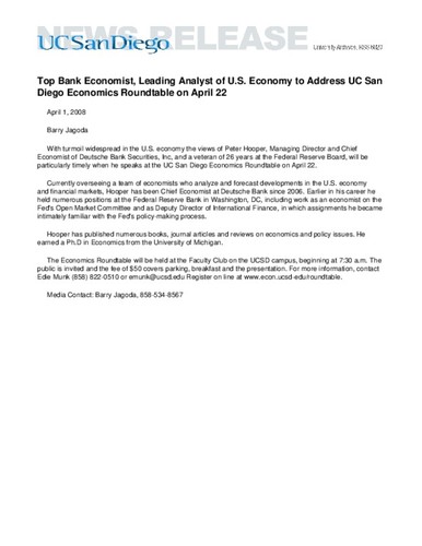 Top Bank Economist, Leading Analyst of U.S. Economy to Address UC San Diego Economics Roundtable on April 22