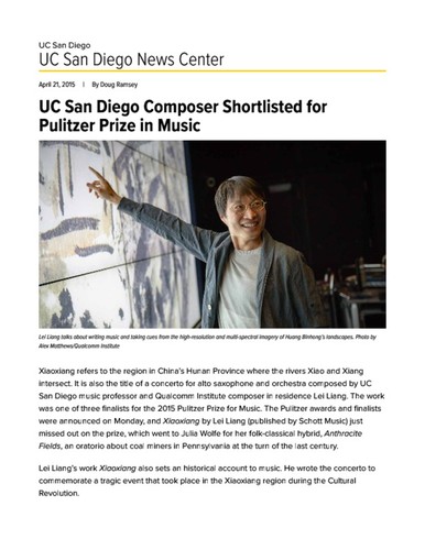 UC San Diego Composer Shortlisted for Pulitzer Prize in Music