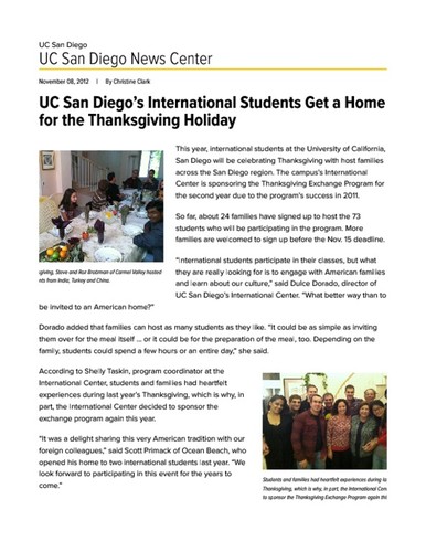 UC San Diego’s International Students Get a Home for the Thanksgiving Holiday