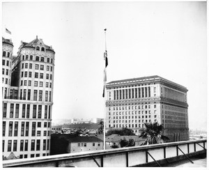 A photo from City Hall, facing north towards the Hall of Records and the Hall of Justice in the Civic Center