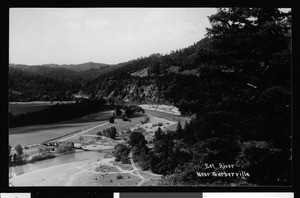 Birdseye view of a bridge over the Eel River near Garberville, ca.1910