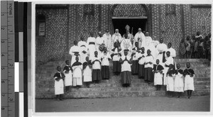 Group portrait outside a church before an ordination, Africa, March 1943