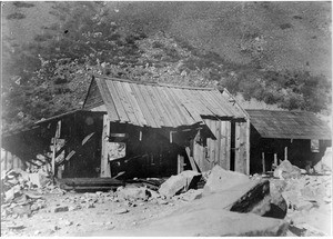 Exterior of the abandoned Mormon Mill in San Bernardino on Mill creek, ca.1895