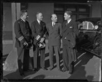 Chief James E. Davis, Public Works president Paul Ritter, and Richard Black greet Admiral Richard E. Byrd, Los Angeles, 1936