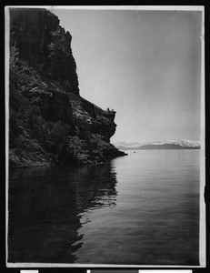 Cave Rock at Lake Tahoe, showing a trestle, ca.1910