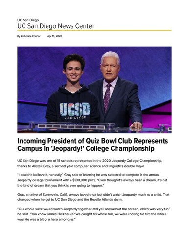 Incoming President of Quiz Bowl Club Represents Campus in 'Jeopardy!' College Championship