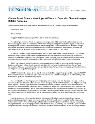 Climate Panel: Science Must Support Efforts to Cope with Climate Change-Related Problems--Federal panel chaired by Scripps scientist addresses future of U.S. Climate Change Science Program