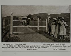 Lloyd gate at the John Koster farm in Petaluma, California, as shown in the Lloyd Co. catalog for 1912