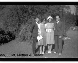 John and Juliet Begley standing with Edna Begley and Russell Nissen in Petaluma, California, about 1938