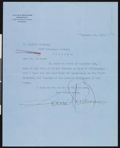 Louis Sullivan, letter, 1908-12-10, to Hamlin Garland
