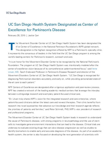 UC San Diego Health System Designated as Center of Excellence for Parkinson's Disease