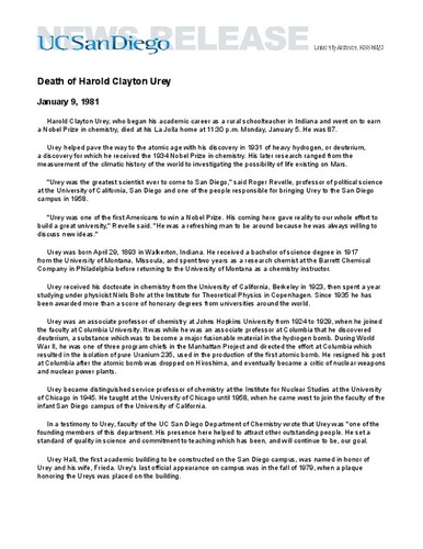 Death of Harold Clayton Urey