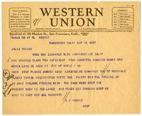 Telegram from William Randolph Hearst to Julia Morgan, September 16, 1927
