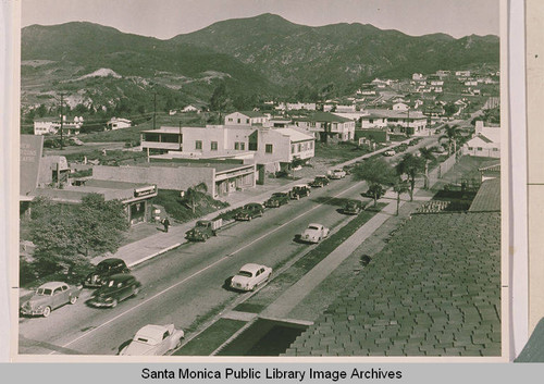 View of Via de la Paz looking north from the bell tower of a school in Pacific Palisades, Calif