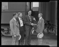 Local Republican leaders Leo Anderson, Edward Shattuck and W. E. Evans welcoming Hamilton Fish, Los Angeles, 1935