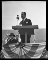 William Jennings Bryan, Jr., speaking at Armistice Day observance, Los Angeles Memorial Coliseum, Los Angeles, 1934