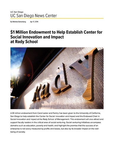 $1 Million Endowment to Help Establish Center for Social Innovation and Impact at Rady School