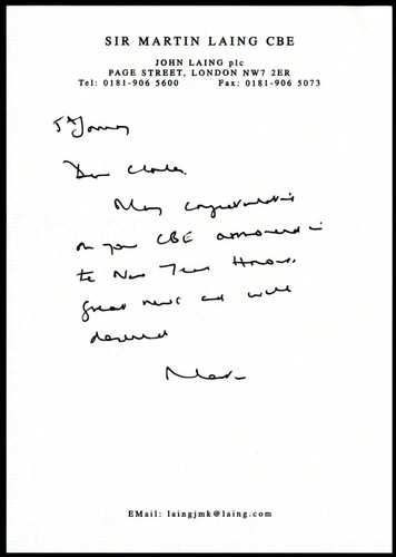 Letter from Sir Martin Laing to Charles Handy on Handy's C.B.E