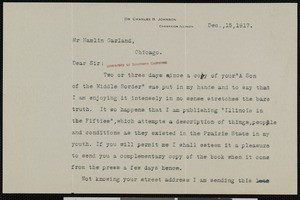 Charles B. Johnson, letter, 1917-12-15, to Hamlin Garland