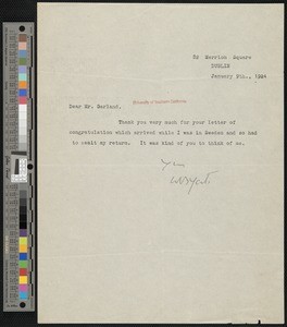 William Butler Yeats, letter, 1924-01-09, to Hamlin Garland