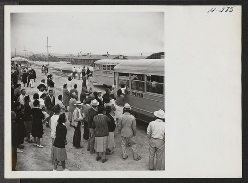 Buses loaded with passengers for trip 15 to Tule Lake are shown about to leave the assembly center at Topaz. A crowd of friends and relatives wait to bid the passengers farewell. Photographer: Mace, Charles E. Topaz, Utah